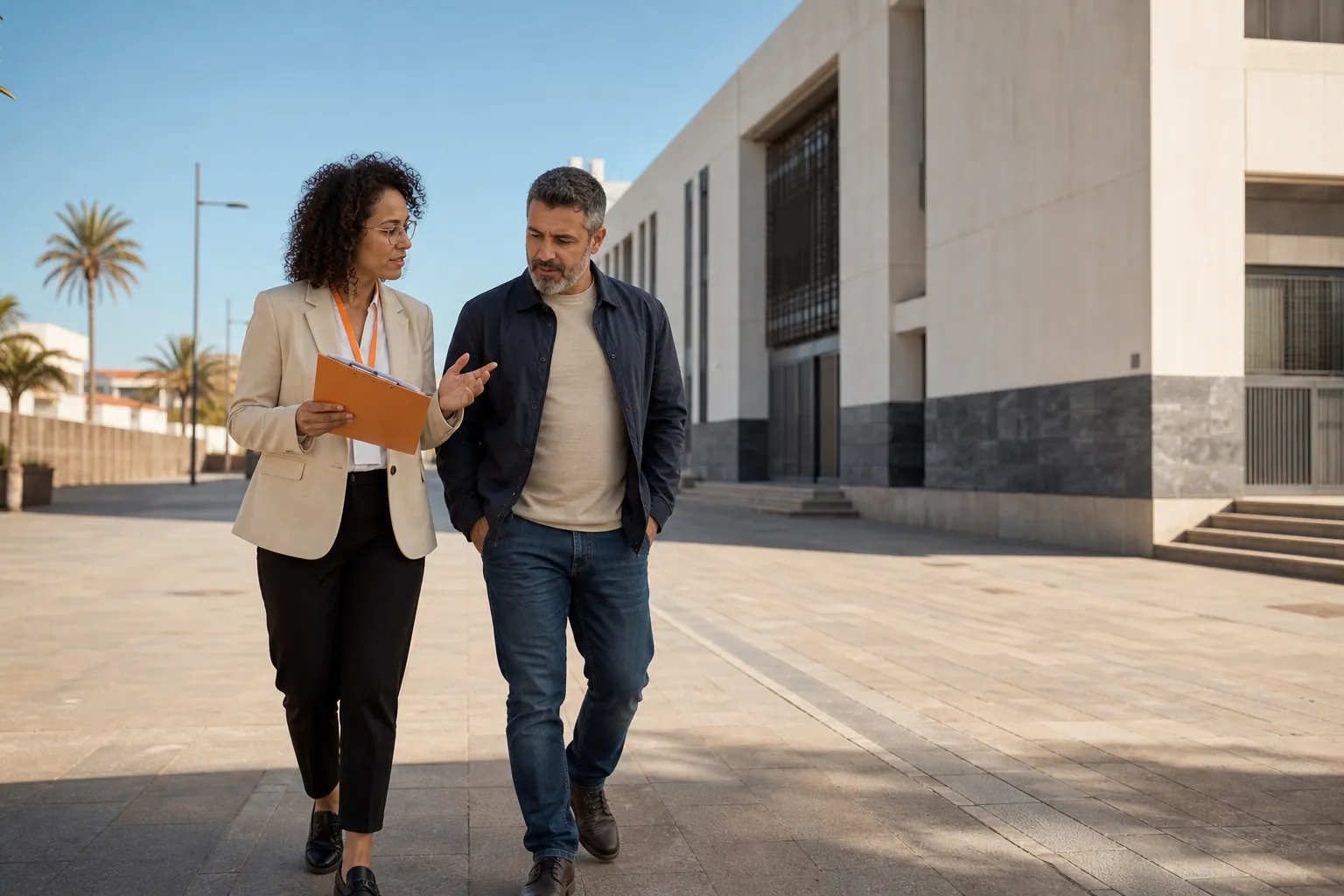 Profesional acompañando a un cliente a una gestión administrativa