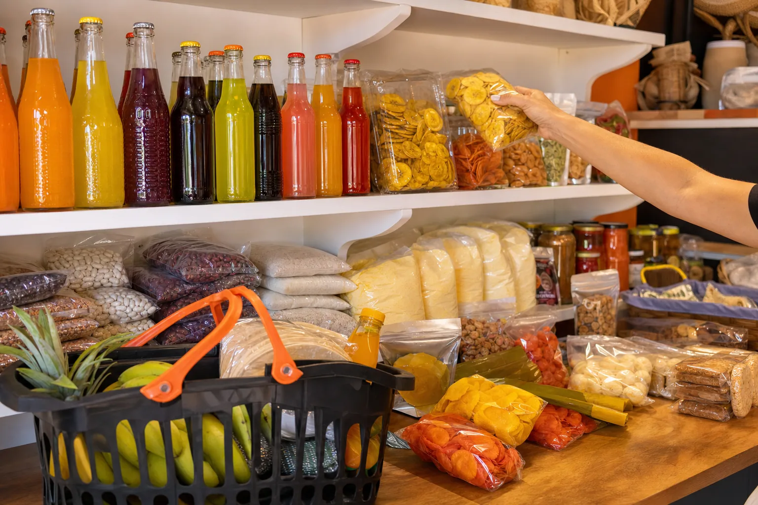 Selección de refrescos, snacks y productos latinos disponible en Luigi
